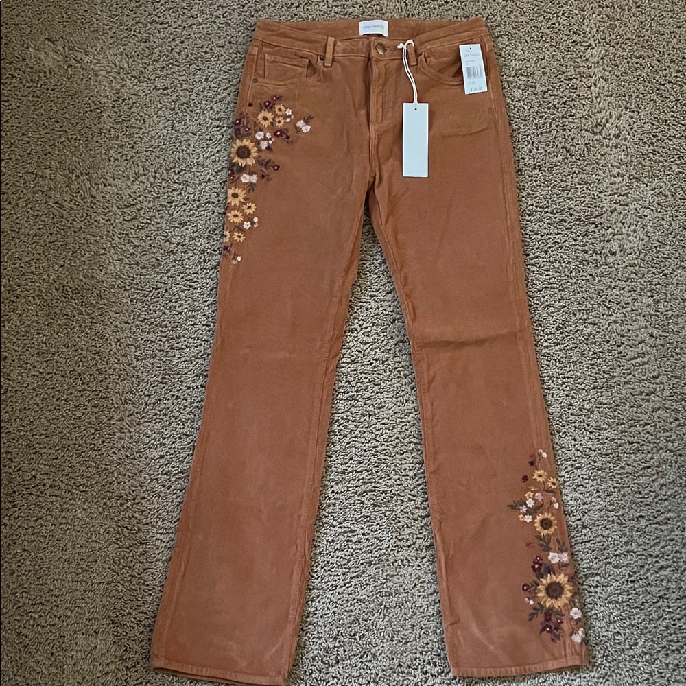 DRIFTWOOD Tan Floral Embroidered Kelly Bootcut Corduroy Jeans Size 28
